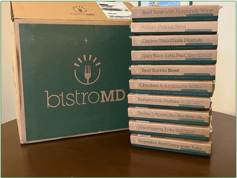 A stack of many BistroMD meals in their packaging