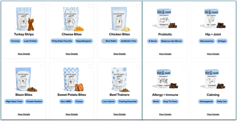 A collection of treats and supplements from Spot & Tango.