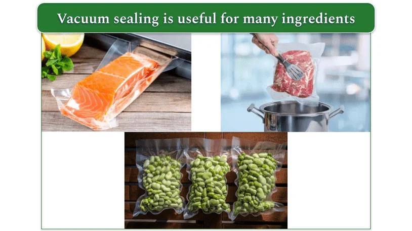 3 images of ingredients in vacuum sealed bags. Top left: salmon. Top right: raw meat going into a pot for sous vide cooking. Bottom middle: Vacuum sealed broad beans.
