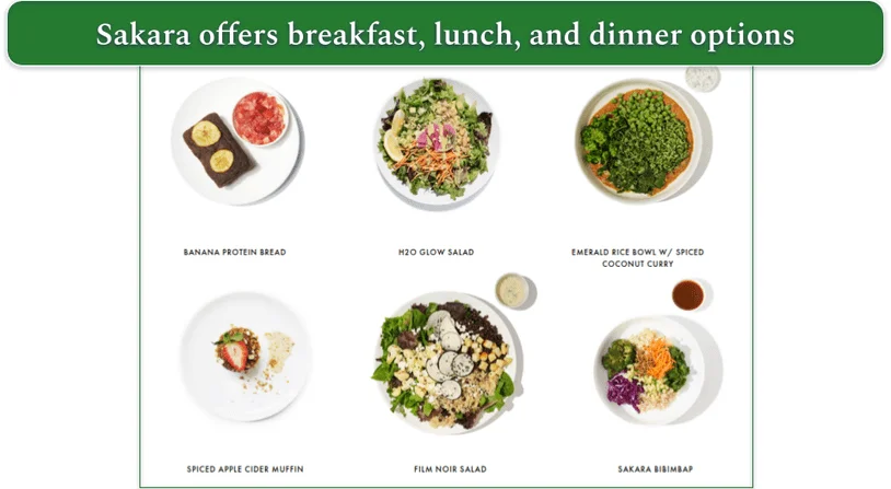 Sakara's menu options for 2 days with meals arranged on plates
