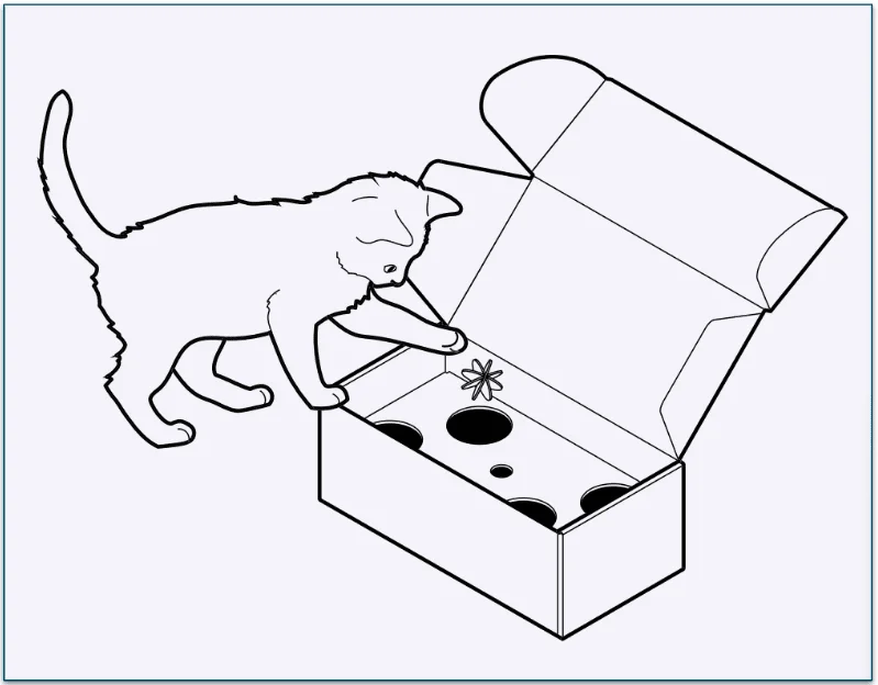 line drawing of a cat playing with a toy created out of the Cat Person starter box