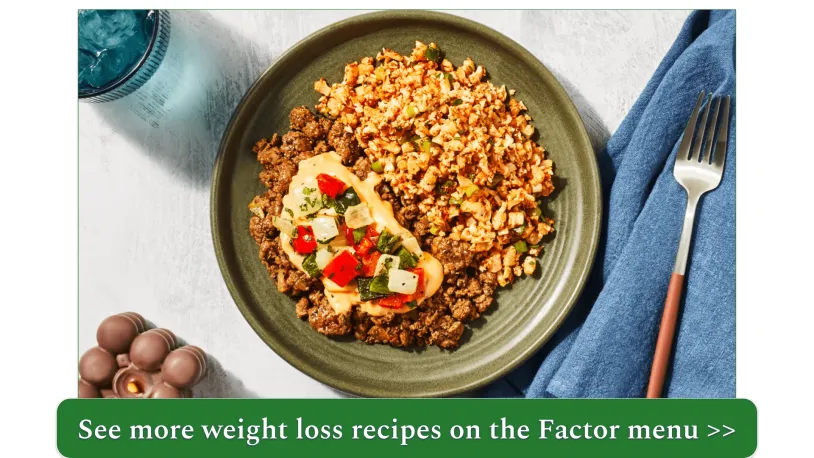 Tex-Mex Beef Bowl with Green Chile Cheese Sauce & Cauliflower Rice (550 calories)