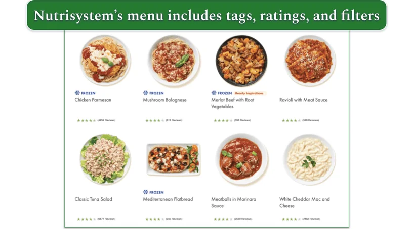 Screenshot of Nutrisystem's menu, displaying a variety of frozen and shelf-stable meals