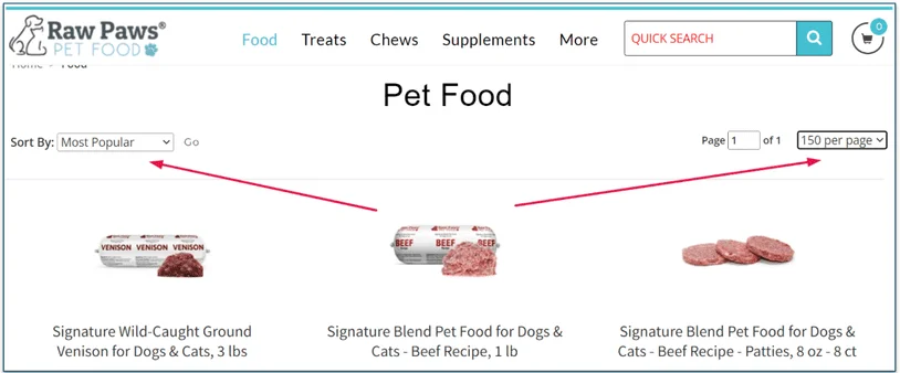 Raw Paws Pet Food on-page filtering options