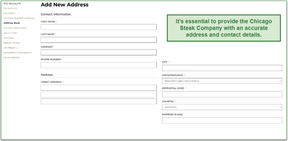 The Chicago Steak Company Address Book section