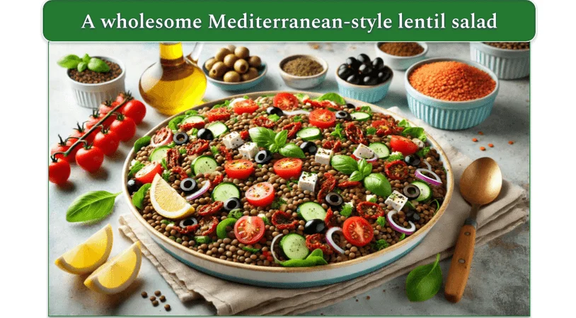 A large bowl of lentil salad with tomatoes, fresh lemon, and basil