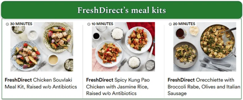 Screenshot of 3 Meal Kit options on FreshDirect's menu
