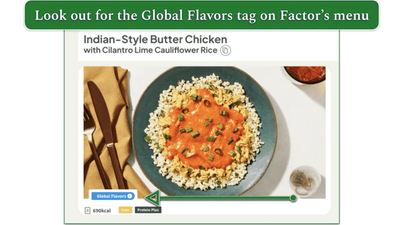 Screenshot of Factor’s Indian-Style Butter Chicken recipe with Global Flavors tag