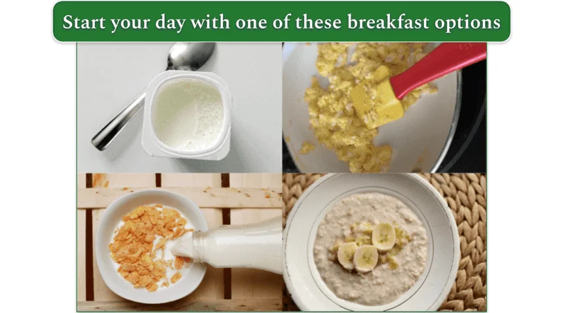 Yogurt, scrambled egg, cereal, and oatmeal