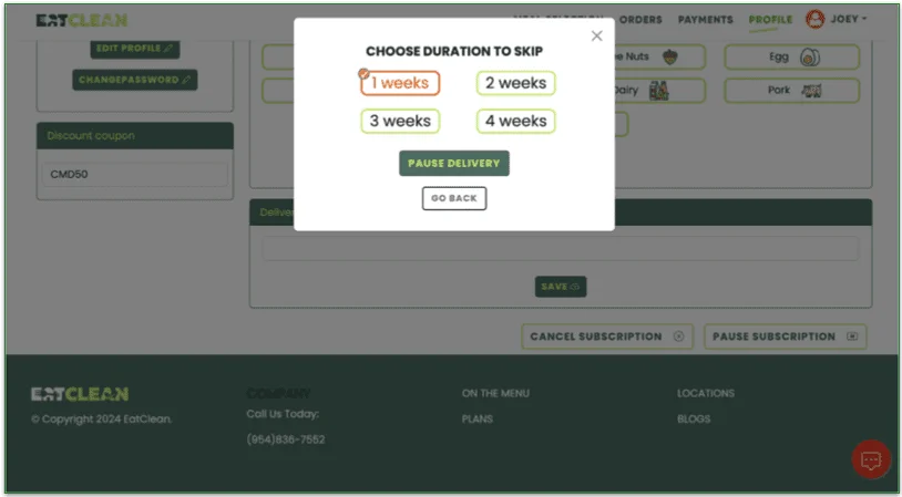 Screenshot of Eat Clean account page with the options to skip deliveries for up to 4 weeks or pause your account