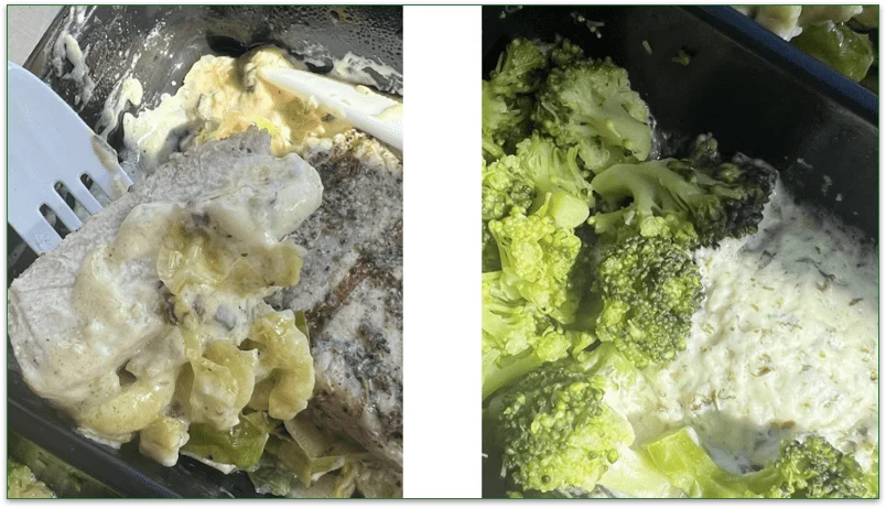 photo of a piece of pork chop on a fork next to a photo of a broccoli side dish in cheese sauce