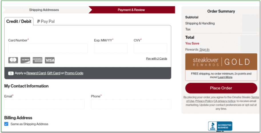 Omaha Steaks payment details