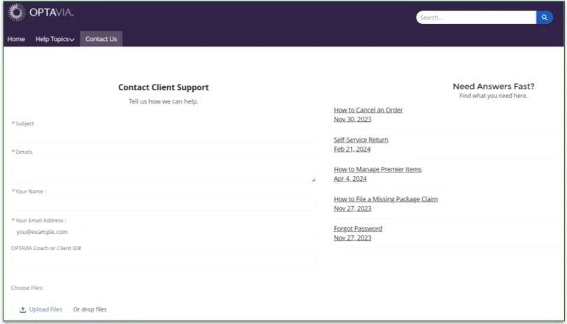 OPTAVIA's customer contact page