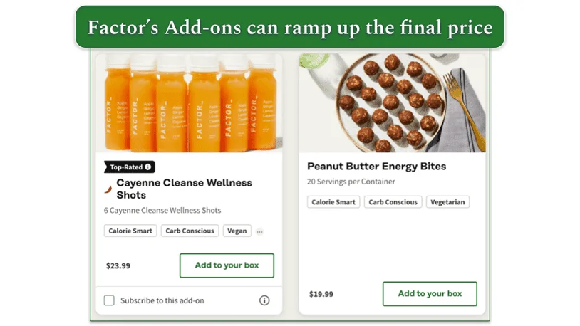 Factor's Add-Ons with prices