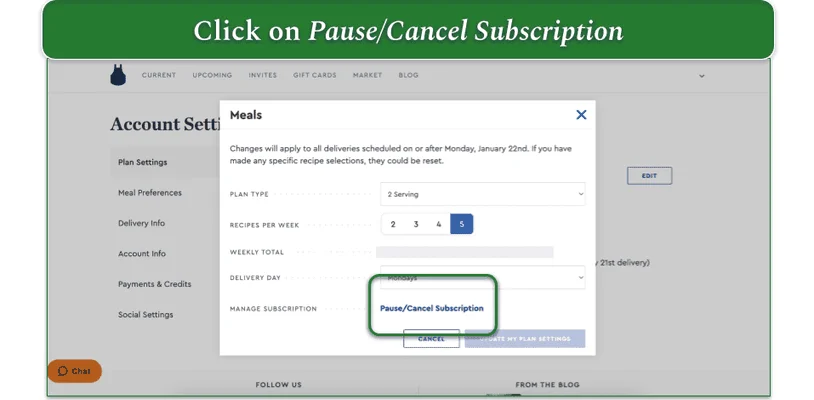 screenshot of blue apron's edit plan settings pop up with pause/cancel subscription highlighted