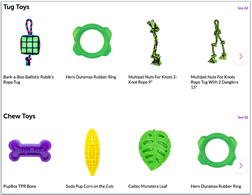 a screenshot of available tug toys and chew toys from pupbox
