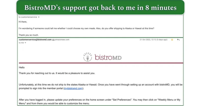  An email from the BistroMD support