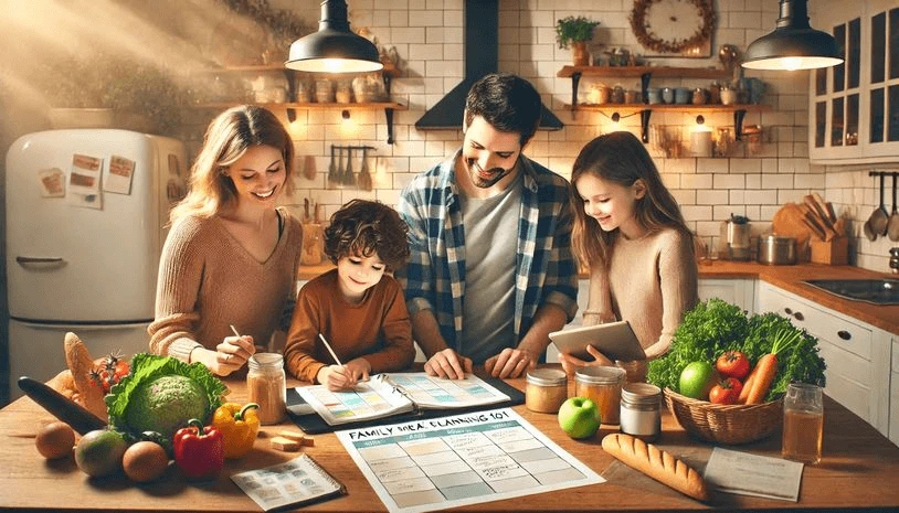 A family of four in a warm, rustic kitchen enthusiastically plans meals using a sheet labeled "Family Meal Planning 101" on a wooden table. Fresh vegetables and kitchenware surround them, and sunlight streams in through a window, creating a cozy, inviting atmosphere.