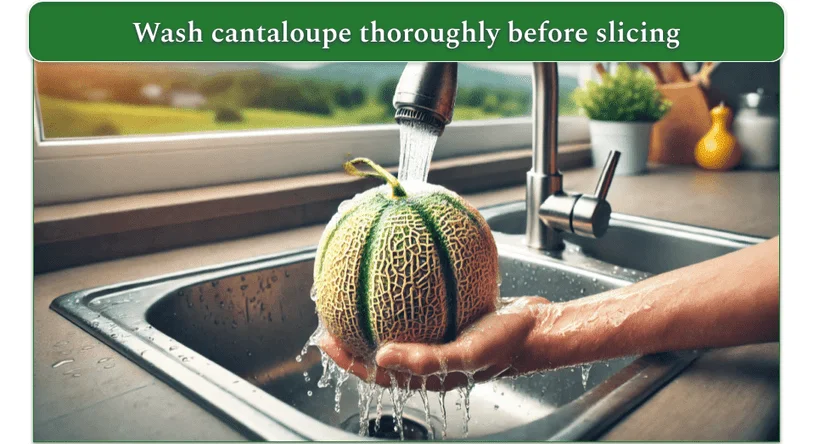 An image of a cantaloupe being washed with running water from a faucet.