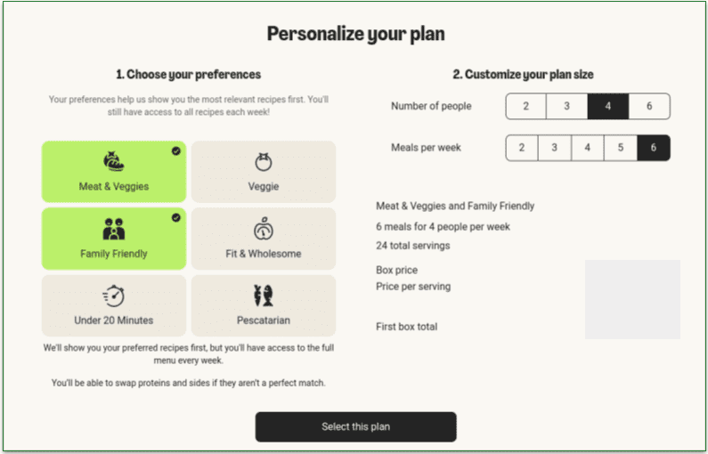 1: Choose your meal preferences and plan size