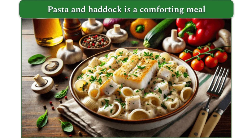 A bowl of pasta and haddock pieces in a creamy sauce surrounded by mushrooms, garlic, and other vegetables