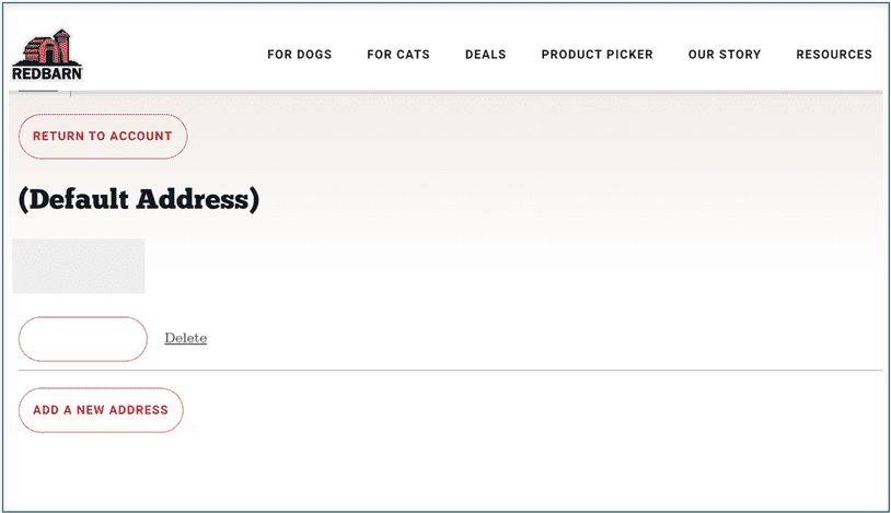 Redbarn's customer account page for address management
