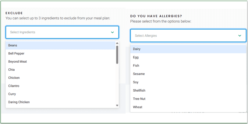 Screenshots of the ingredient exclusion and allergens during signup