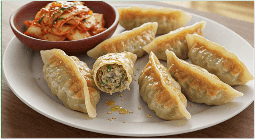 Japanese gyoza dumplings, pan-fried and served with dipping sauce.