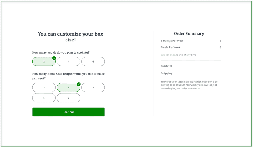 Screenshot of your order page, where you decide how many meals and servings you want per week.
