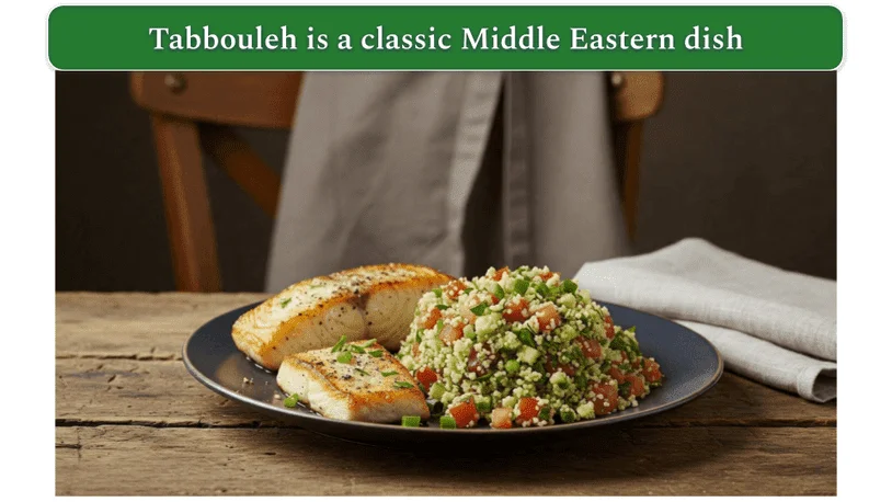 A plate of halibut and tabbouleh salad made from couscous.