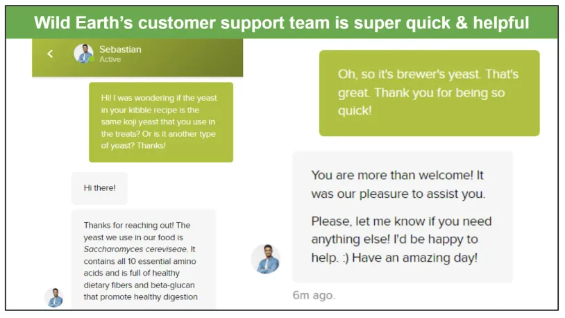 My conversation with Wild Earth's customer support agent