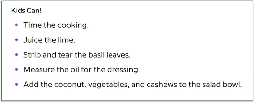 Screenshot from the "Kids Can!" portion of a Sunbasket recipe, featuring tasks like "time the cooking" and "juice the lime"