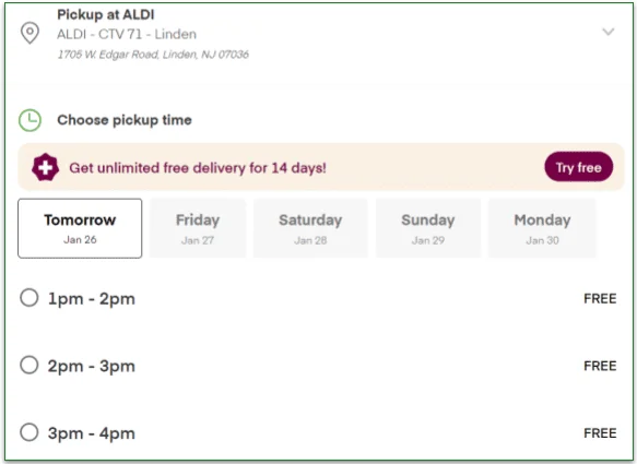 Arranging a store pickup via Instacart at a participating shop