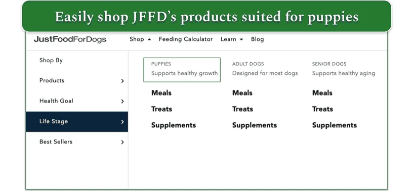 Screenshot of JustFoodForDogs Life Stage menu