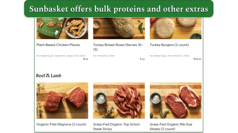 A screenshot of Sunbasket's bulk chicken, beef, and lamb options