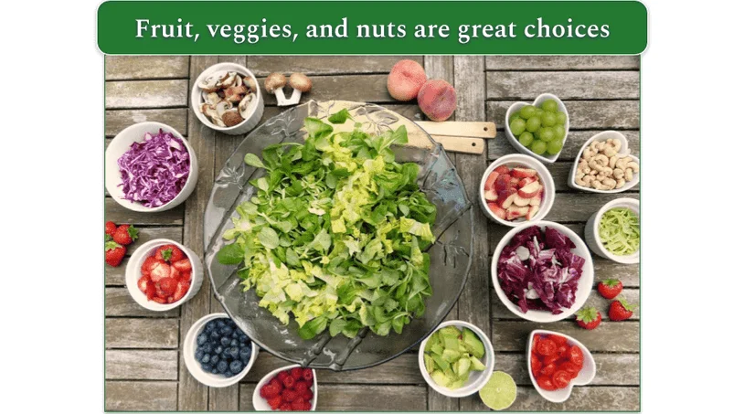 Bowls of various different fruits, vegetables, and nuts