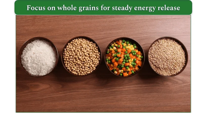 Bowls of whole grain foods including rice and beans