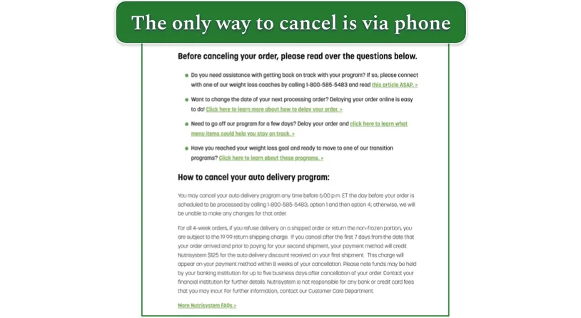 Nutrisystem's blog page explaining how to cancel the service 