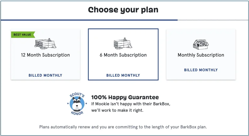 Screenshot of BarkBox's different plans
