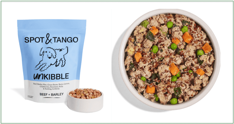 Spot and Tango Unkibble package left and and fresh meal in bowl, right