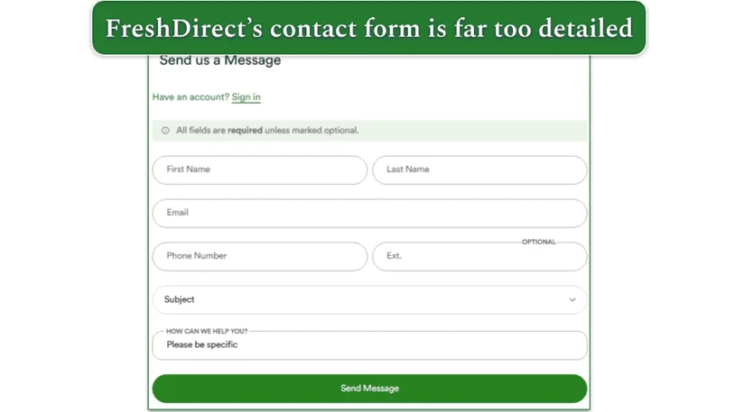 Image of FreshDirect's online contact form
