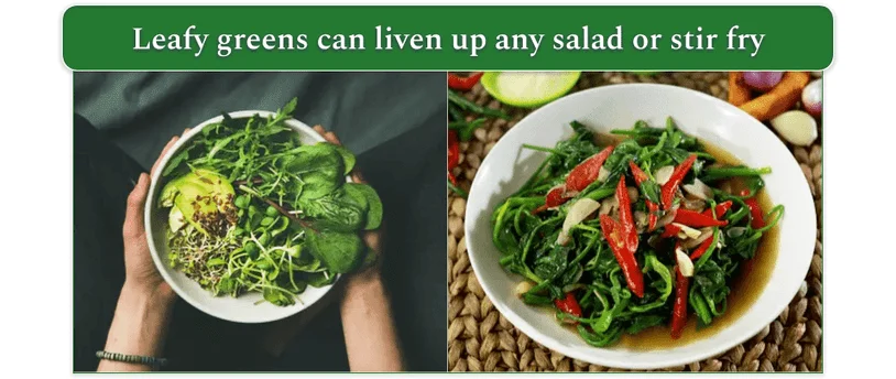 greens salad (left) and stir fry with leaf greens (right)