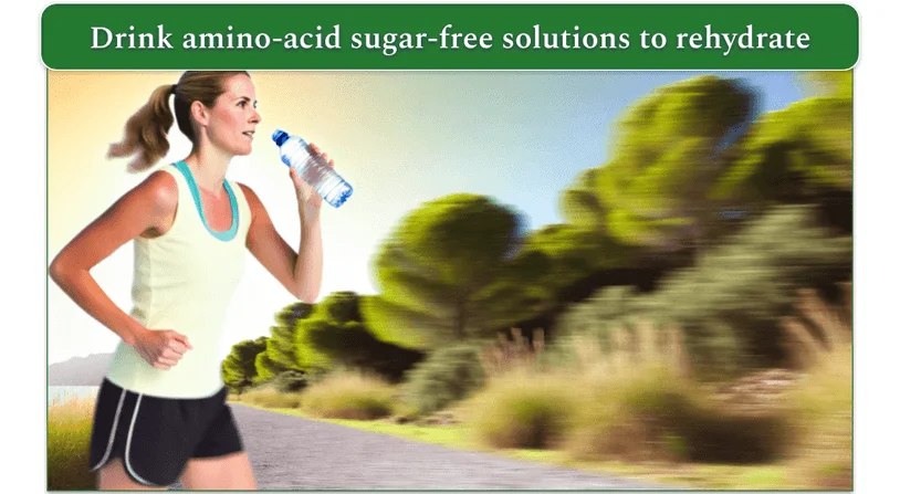 A young woman in a sports outfit drinks from a plastic bottle while running.