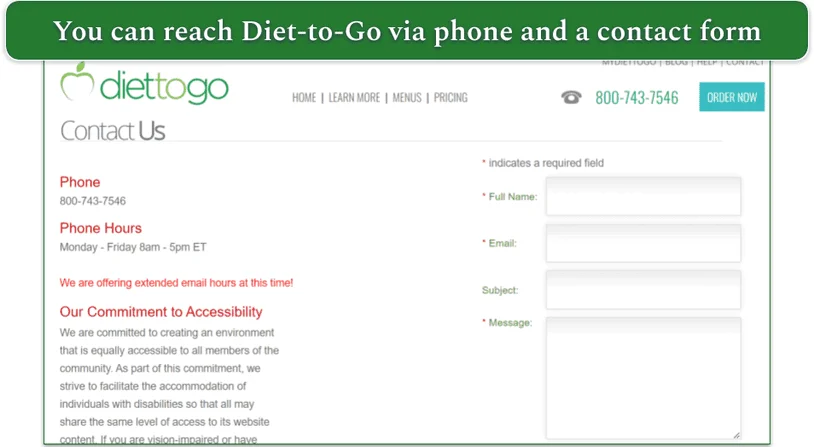 Diet-to-Go's Contact Us page