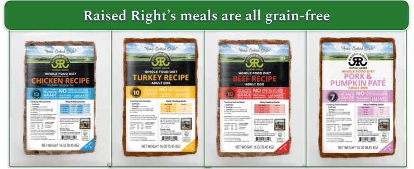 images showing 4 types of Raised Right food for adults and puppies