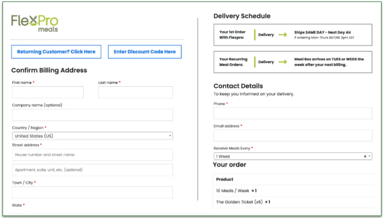 a screenshot if flexpro meals's order checkout page