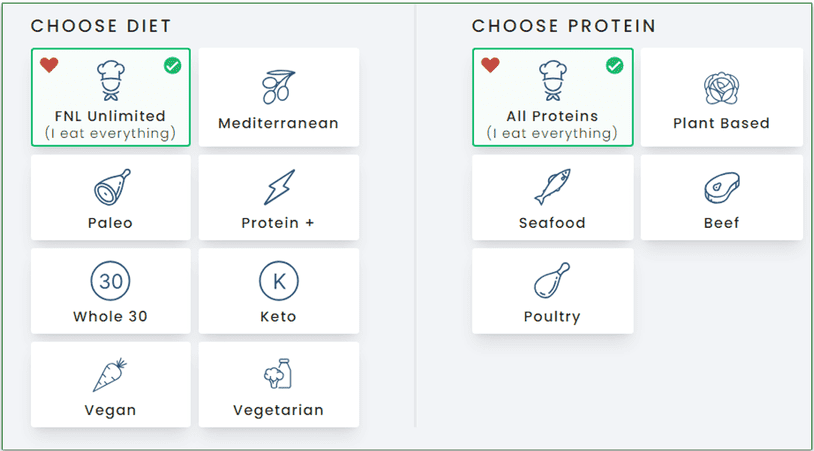 Screenshot of the 8 plan options and protein choices screen