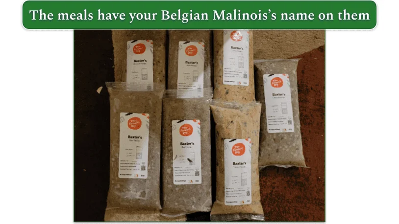 The Farmer’s Dog packaged meals labeled with Baxter’s name