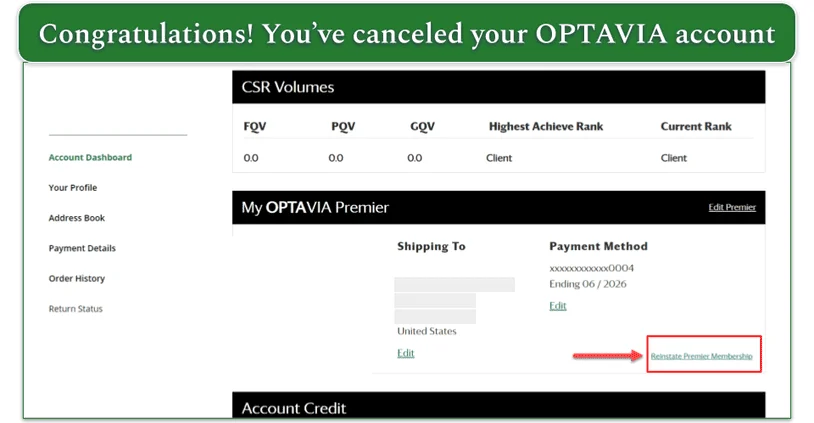 Screenshot of the account dashboard for a canceled OPTAVIA account.