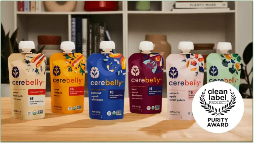 Cerebelly pouches and a clean label purity award stamp
